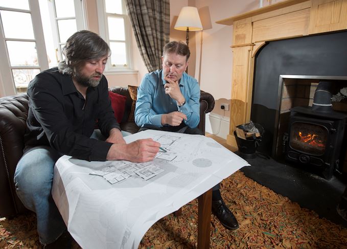 Grand plans: architect Olli Blair and R&B co-founder Alasdair Day pore over the Raasay blueprint Plans for Raasay distillery