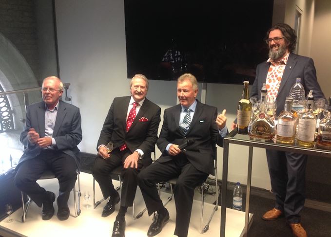 Three of a kind: Stewart, Paterson and McEwan on stage with Dave Broom (Photo: Jonny McCormick) Three whisky legends