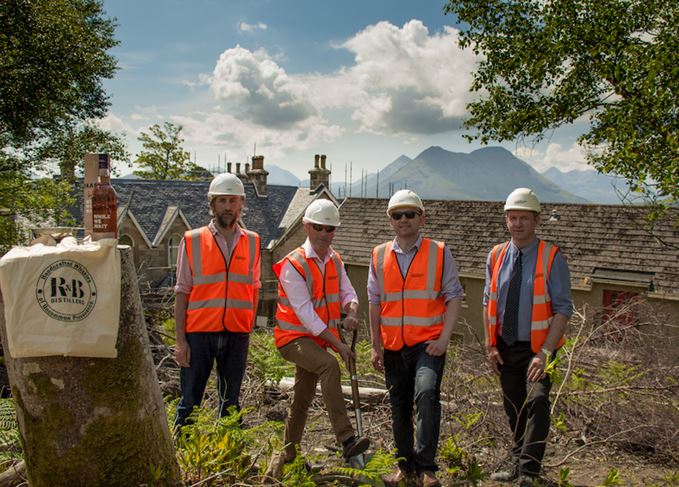 Ground-breaking (l to r): Olli Blair of ABIR Architects, Alasdair Day, Chris Hoban and James Archibald of contractor Colorado Group Ground-breaking at Raasay distillery