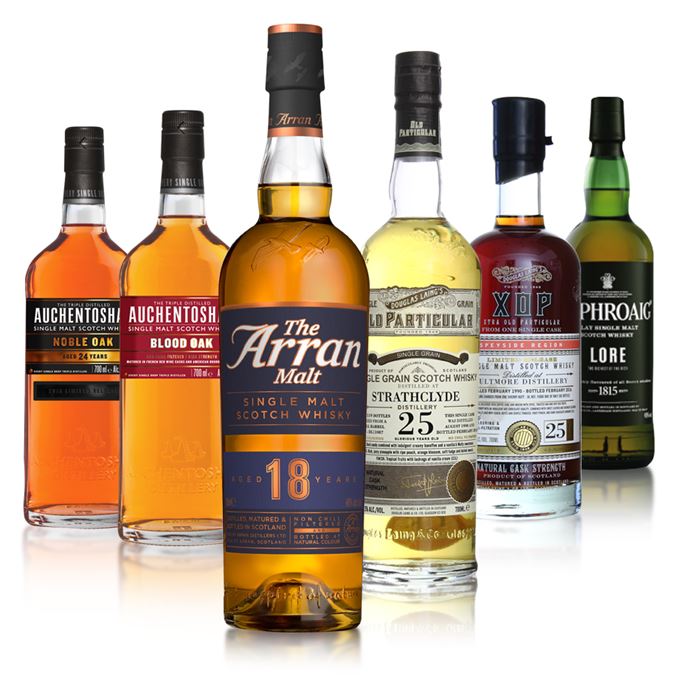 Batch 33 includes Auchentoshan Blood Oak, Auchentoshan Noble Oak, Arran 18, Laphroaig Lore Strathclyde 25 and Aultmore 25 from Douglas Laing.