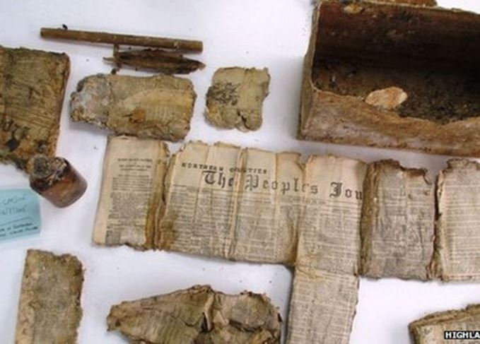 The Victorian time capsule was likely buried by the Kingussie townspeople. Victorian time capsule and its contents